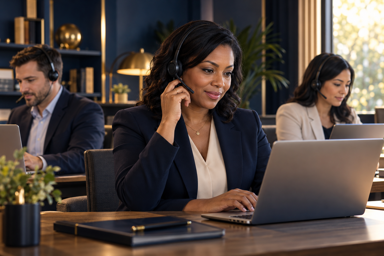 Insurance agents training at call-center workstations